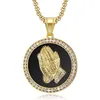 Hip Hop Iced Out Praying Hand Pendant med Mens Chain Gold Color Rostfritt stål CZ Charm Runda halsbandsmycken Male Gift1278K