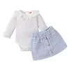 衣料品セットベビー幼児の女の子の衣装の衣装リブニットドールカラー長袖ボタン格子縞のスカート2pcs服セット