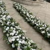 Matrimonio personalizzato Seta floreale Foglie verdi artificiali Rose bianche Fiori di peonia Righe Runner da tavolo con fiori bianchi verdi 371
