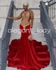 Rood fluwelen Afrikaanse trompetavond formele jurk voor vrouwen Sparkly Diamond Crystal Black Girl Prom Ceremony Gown gala