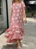 Basic Casual Dresses Women Dresses Summer 2022 Sexy O Neck Dot Print Boho Beach Dress Cascading Ruffle Short Sleeve Maxi Dress Wrap Sundress Robe T240129