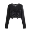 Taop Za Early Spring Product Womens Fashion and Casual Versatile Round Neck Long Sleeve Bow Spliced Knitted Top 240127
