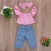 Clothing Sets 3Pcs Toddler Kids Girls Set Off Shoulder Tops Fake Net Socks Denim Pants Jeans Outfits Clothes Children's