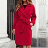 Kvinnor Pink Trench Coat Casual Mid Long Overcoat Lapel Open Front Cardigan Outwear Woolen Boot Winter Jackets For Women 240122