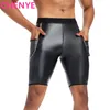 Body Shapers voor heren Heren Shaper Mode Witte gesplitste leren shorts Taille Trainer Hoge controle slipje Fitnessbroek met zak