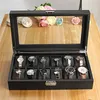 Boîte de montre en similicuir à 12 fentes en carbone, Design en Fiber, présentoir de bijoux, support de rangement, remontoir noir, grande boîte de montres saat kutusu12952