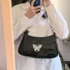 Fashion Design Women Butterfly Armpit Bag Patent Leather Beaded Chain Ladies Shoulder Bags Vintage Female Dark Baguette Handbags Q209w