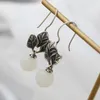 Boucles d'oreilles pendantes Authentique 925 en argent sterling boucle d'oreille incrustée de jade blanc naturel dame rétro charme style national longue boucle d'oreille bijoux