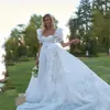 Abiti da sposa con maniche corte a sbuffo e volant Abito da sposa con scollo quadrato e spacco alto 2024 Abito da sposa da giardino in organza con linea A