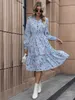 Basic Casual Dresses Women Full Sleeve Floral Print V-neck Casual Dress A-Line Knee-Length High Waist Spring Autumn Winter T240129