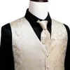 Hitie 100％Silk Ivory Beige Beige Champagne Gold Mens Vests Tie Hankerchief Cufflinks Set Jacquard Vine Waistcoat for Men Suit Dress 240119