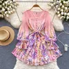 Casual Dresses Fashion Dress for Women Puff Sleeve Printing Lace-Up A-Line Vestidos Chiffon French Chic Vocation Beach Spring Dropship