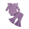 Conjuntos de roupas bebê criança roupas menina 2pcs primavera algodão outfits plissado manga longa com nervuras malha macacão flare calças conjunto