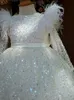 sequined White girl pageant dress First Communion Dresses For Girls 2024 Brand Tulle Lace Infant Toddler Pageant long sleeve Flower Girl Dress Weddings and Birthday