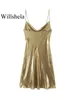 Vestidos casuais willshela mulheres moda dourada plissada backless mini vestido vintage alças finas balançando colarinho feminino chique senhora