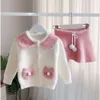 "Adorabile maglione da bambina in cashmere da principessa con graziosi cardigan e gonne con orecchie di coniglio - Elegante completo a due pezzi per abbigliamento per bambini in primavera"