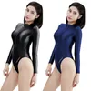 Women's Swimwear Satin Glossy Women One Piece Tights Long Sleeved Jumpsuit Two Way Zipper Smooth Athletic Sexy Japanese Swimsuit Surfing