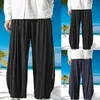 Calça Masculina Perna Larga Com Algodão Melhorado e Linho Hakama Dupla Camada Solta Casual