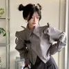 Blusas femininas camisa sólida cinza laço-up único botão babados irregular estilo chinês doce feminino manga longa curto tops moda