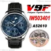 V9F 503312 Calendario perpetuo A52610 Orologio automatico da uomo in acciaio quadrante blu Indici argento Fase lunare Riserva di carica Pelle nera St249S