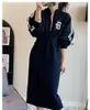 Vestidos casuais plus size 5xl 130kg outono manga longa camiseta mulheres vestido preto cintura alta maxi split