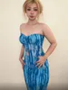 Robes de travail Combhasaki Femmes Y2K Vintage Maille Tenues Tie-dye Cordon Sans Bretelles Dos Nu Irrégulière Tube Tops Fente Jupe Longue 2Pcs Ensemble