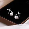 Studörhängen S925 Silver Needle Cross Earring For Women Girls Trendy Pearl Jewelry Pendientes E544