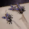 Brincos pendurados cristal brilhando céu estrelado borboleta azul borla gancho de orelha elegante atmosférico colar ornamento