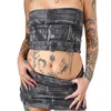 Vestidos de trabalho Mulheres jeans 3D Salia de duas peças conjuntos de roupas de verão 2024 Tube Tube Tops Bandeau espartilho e mini clube sexy y2k streetwear