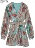 Casual Jurken Zevity Vrouwen Vintage V-hals Cashewnoten Bloemenprint Chiffon Mini Jurk Vrouwelijke Chic Lange Mouw Twist Hollow Out vestidos