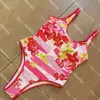 Women Swimsuit One Piece Floral Printed Beachwear Letter Swimwear High Waist Sport Bathing Suit