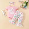 Clothing Sets Baby Girl Smocked Romper Cute Short Sleeve Triangle Hoodie Full Print Flared Pants Set Clothes Born Long Gift