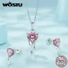 Charm Wostu Sterling Sier Heart Shaped Pink Crystal Cz Tassel Drop Earrings Charm Necklace Valentine Gift Wedding Jewelry Set
