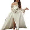 Atemberaubende Bride 2024 Weißes, elegantes Perlen-Meerjungfrau-Hochzeitskleid, Stehkragen, Spitze, voller Länge, arabisches Split-Trompeten-Brautkleid in Übergröße