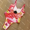 Women Swimsuit One Piece Floral Printed Beachwear Letter Swimwear High Waist Sport Bathing Suit