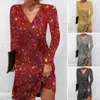 Robes décontractées Fête d'automne Mini robe femmes paillettes col en V club pour brillant a-ligne couleur unie doux respirant