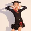 Stage Wear Ragazze Vestito da ballo latino Abito con fiori ricamati Nero Maniche lunghe Top Gonna Bambini Cha Rumba Competition DNV19360