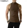 Men's Tank Tops 2024 Men Solid Color Turtleneck Sleeveless Knitted Casual Vests Summer Streetwear Fashion Clothing INCERUN S-5XL