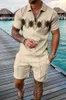 Herrespår 2024 Simmer Men's Fashion Polo Shirt Set Men 3D Printed V-hals blixtlås Kort ärm Shorts Två stycken MAN Vintage Suit