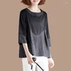 Women's T Shirts 2024 Summer Fashion Trend Art Simple Round Neck Stripe Panel Kontrast Färg Casual Löst Tre-kvart T-shirt