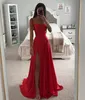 Red Prom Dress a line straps satin Evening Dress elegant Pleats Split Formal Long Special Occasion Party dress robe de soiree