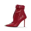 Botas fivela de cinto frente zíper moda mostrar botas curtas feminino outono inverno nova decoração de metal apontado vermelho salto alto tornozelo bootsl2401