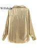 Willshela 여성 패션 패션 금속 골든 싱글 가슴 블라우스 빈티지 목막 긴 소매 여성 세련된 아가씨 셔츠 240125