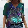 Damen T-Shirt V-Ausschnitt T-Shirt Damen Sommer Casual Oversize Dazzle Color Cats Print Shirt Kurzarm Top Vintage FemaleStreetwear Y2k Kleidung 240130