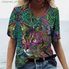 Damen T-Shirt V-Ausschnitt T-Shirt Damen Sommer Casual Oversize Dazzle Color Cats Print Shirt Kurzarm Top Vintage FemaleStreetwear Y2k Kleidung 240130