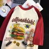 Erkek Tişörtler Avrupa ve Amerikan Tatlı Stil Hamburger Kedi Desen Baskı Raglan T-Shirt Erkek Kadınlar Gevşek Çift All Match Toph24130