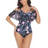 Damen-Bademode 2024, Bikini-Overall-Set, kurzärmelig, schulterfrei, Blumen-/Blattdruck, Sommer, Pool, Strand