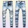 Men039S veckade Biker Jeans Pants Slim Fit Brand Designer Motocycle Denim Trousers For Man Straight Washed Multi Zipper X0621997329