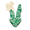 Dames Zwemkleding 3D-bloemenprint uitgesneden eendelig badpak sexy diepe v-hals bikini groen luxe cover-up badpak strandkleding