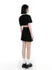 パーティードレスHouzhou Summer Black Dress Women Preppy Style甘い半袖ミニホローポロカラー韓国ファッションサンドレス